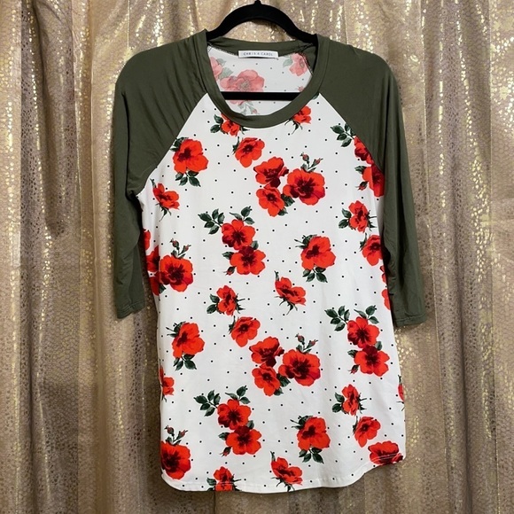 Chris & Carol NWOT olive green and floral super soft and stretchy baseball tee M - Picture 2 of 6
